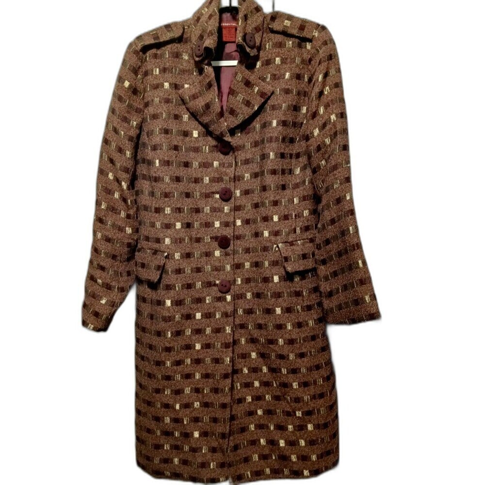 DS Essentials‎ Womens Brown Fitted Button Front Long Coat Metallic Gold Size 10